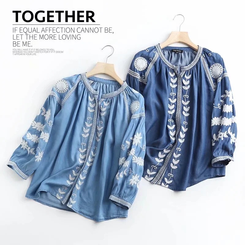 693 spring and summer new ethnic style retro Denim shirt Women's Tencel Shirt long sleeve versatile slimming casual outerwear