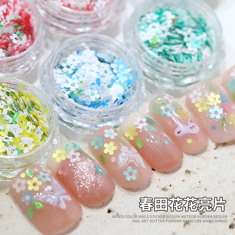 Ins Summer New Five-Petal Flower Manicure Sequins Wholesale Cut Out Candy Color Flowers Mixed Nail Decoration Patches