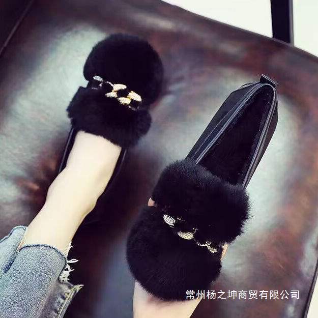Furry Shoes for Women's Autumn and Winter Outer Wear 2025 New Rabbit Fur Pregnant Women's Slip-On Beanie Shoes Fleece-Lined Warm Flats Cotton Shoes