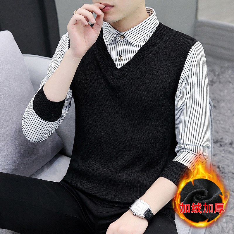 Autumn and Winter Fake Two-Piece Sweater Men's Korean Style Shirt Collar Fleece-Lined Thickened Knitwear Men's Warm Top with Led