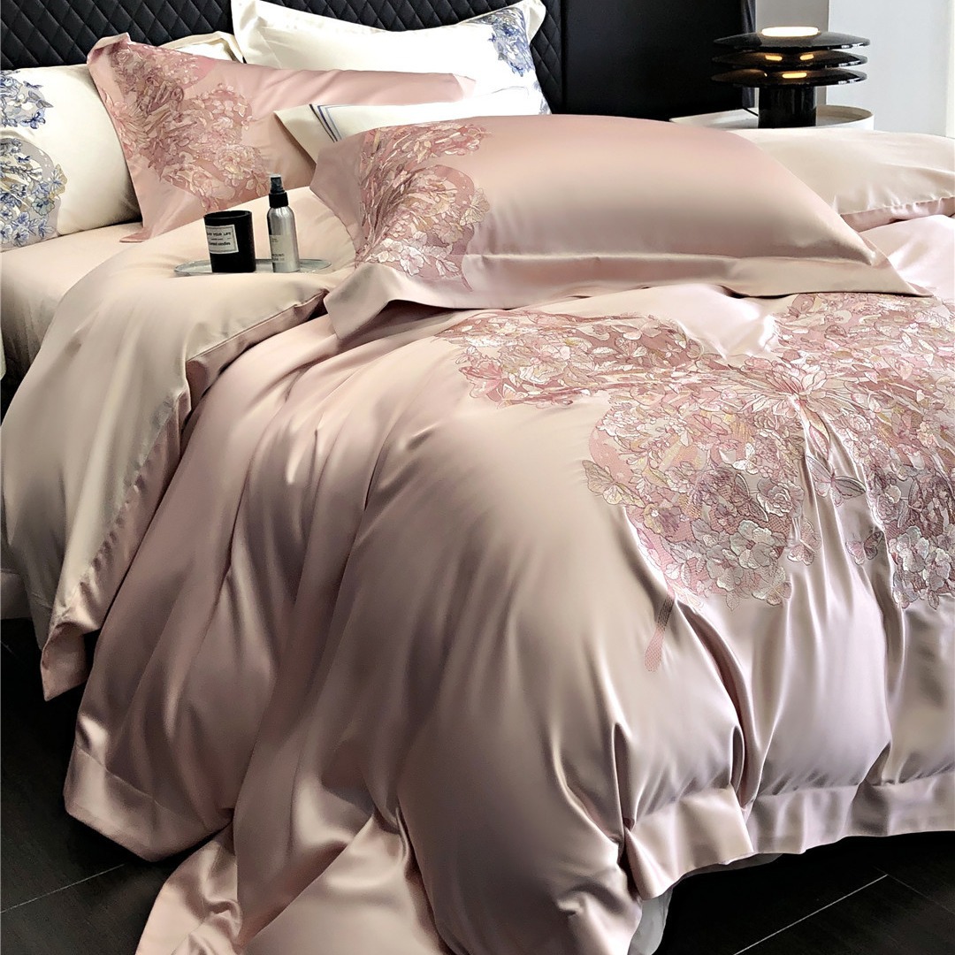 Modern Light Luxury Butterfly Embroidered Bedding Super Soft Bedding High-grade Australian Cotton Cotton Long-staple Cotton Four-piece Blue Feather
