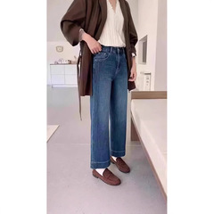 女性用ブルーナローストレートジーンズ春の新作大きいサイズファットmmハイウエスト伸縮性小柄9点ワイドレッグパンツ