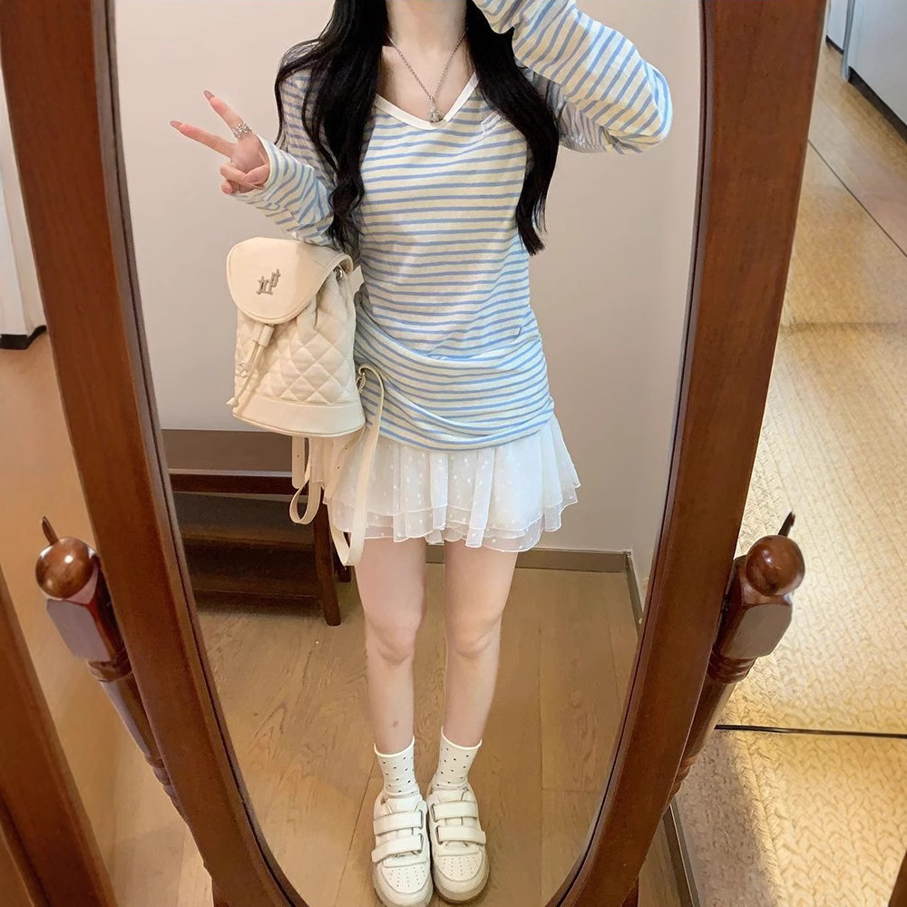 Blue Striped Sunscreen Long-sleeved T-shirt Women's Spring And Autumn Loose Lazy Blouse Top_ecoleips.com