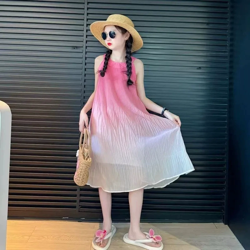 Для девочек 2024 новые летние пляжные юбки для детей лето градиент юбка девушка летнее платье подтяжка