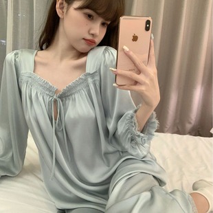 Sweet cute nightdress Ice Silk Pure desire spring and summer long sleeve new French pajamas court style dress girl