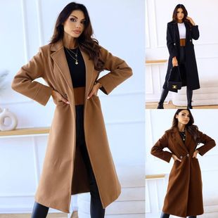 Cross-Border Export Independent Station Amazon 2024 Autumn and Winter Simple Double-Breasted Long-Sleeved Lapel Button Woolen Jacket for Women