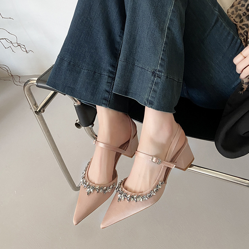 One-Strap Sandals for Women, Spring and Summer Versatile High Heels, 2026 New Style, Pointed Toe, Sexy Rhinestone Backless Chunky Heel Sandals One-Strap Sandals for Women, Spring and Summer Versatile High Heels, 2026 New Style, Pointed Toe, Sexy Rhinestone Backless Chunky Heel Sandals
