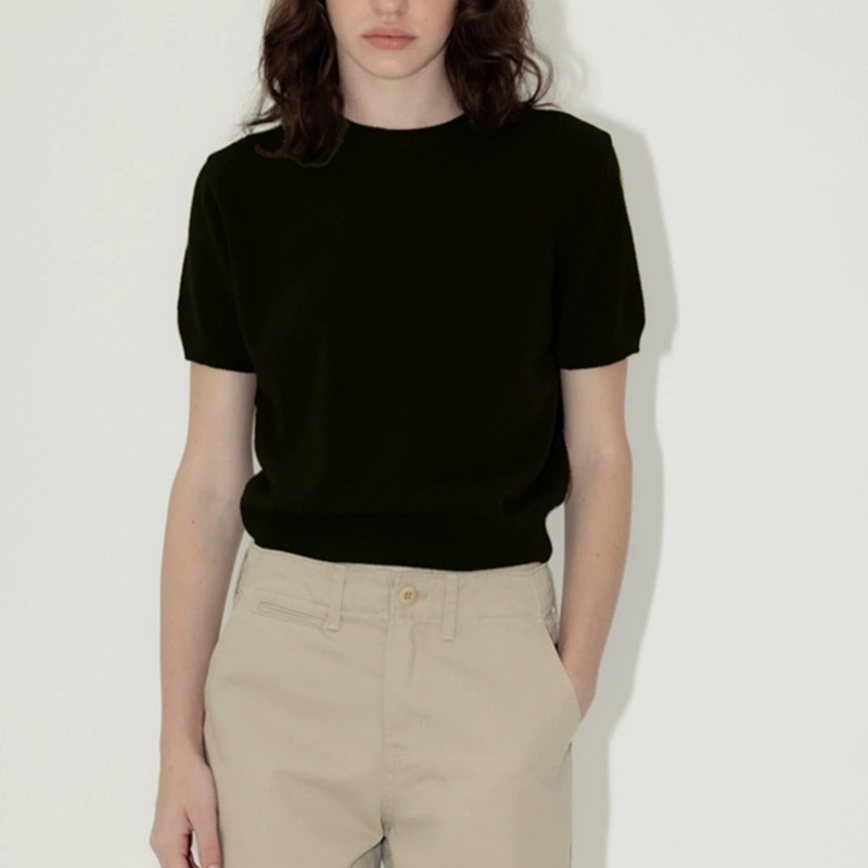 Spring and Summer Simple Niche Crewneck Grey Short-sleeved Sweater All-match Retro Commuter T-shirt Sweater Short-sleeved Top for Women