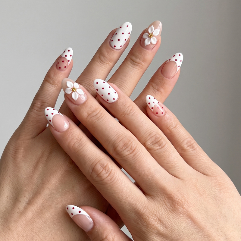 Cross-Border Handmade Embossed White Flower and Small Red Polka Dot French Manicure Nail Stickers with Floral Gentle Style Fake Nail Pieces