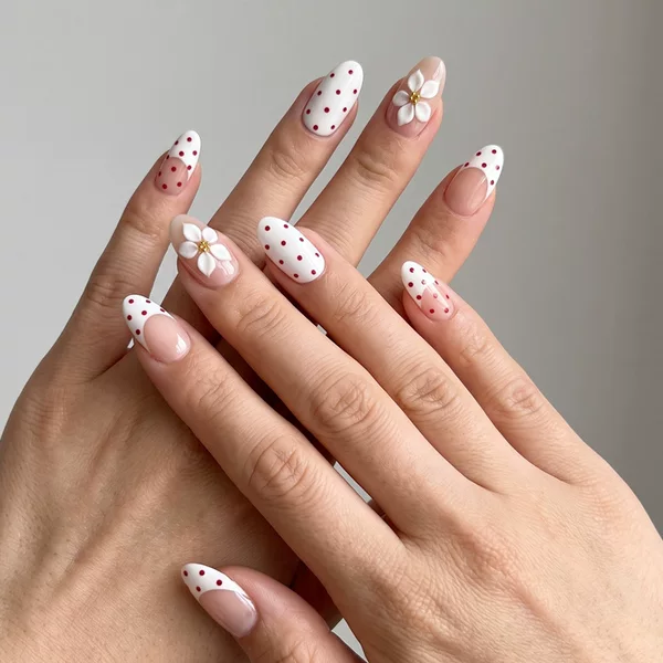Cross-Border Handmade Embossed White Flower and Small Red Polka Dot French Manicure Nail Stickers with Floral Gentle Style Fake Nail Pieces