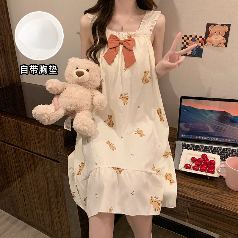 2025 pijamas de verano de niñas sin mangas de encaje dulce vestido de pijama nubes de algodón cinturón cojín de pecho flor triturada dulce ropa de viento para el hogar