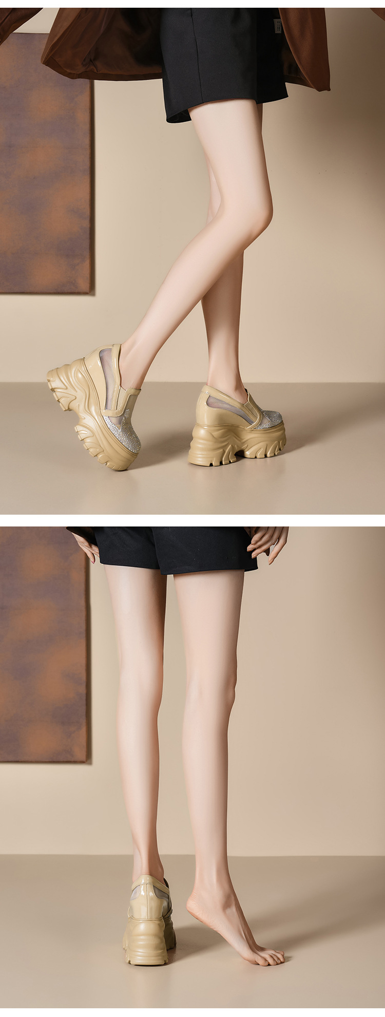 Giày sneaker platform nữ đế dày 12cm, lưới thoáng khí, phong cách loafer lỗ xỏ — Màu đen chi tiết 6