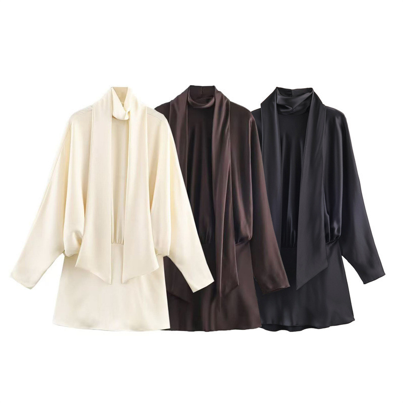 Foreign Trade Wholesale European and American Style Silk Satin Texture Scarf Decorated Short Dress Waist Slim Long-Sleeved Short Skirt 9736332 Foreign Trade Wholesale European and American Style Silk Satin Texture Scarf Decorated Short Dress Waist Slim Long-Sleeved Short Skirt 9736332