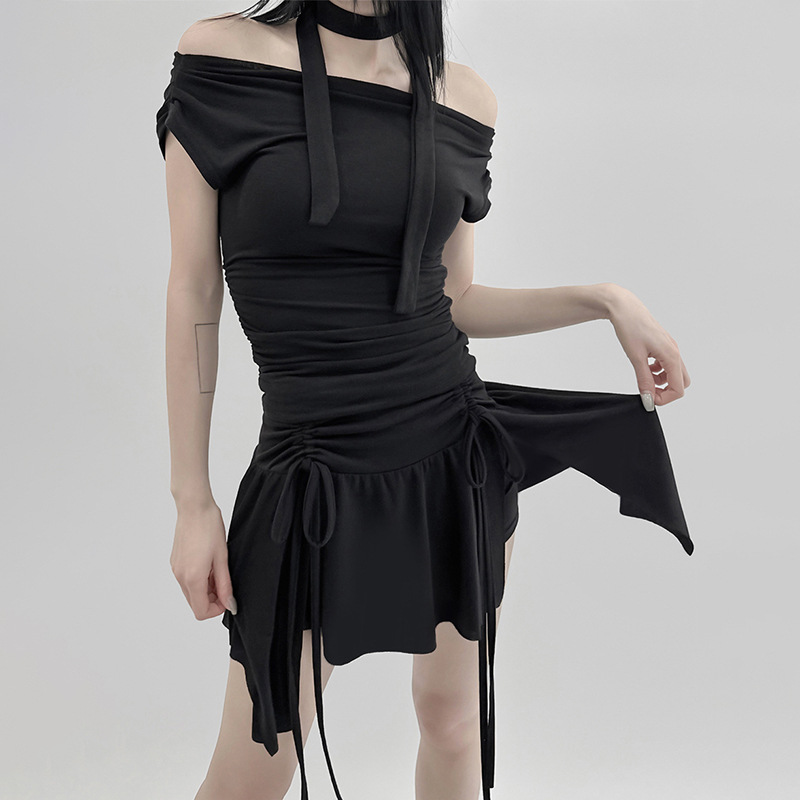 Sexy Drawstring Lace Pleated Waist Tight Slimming Irregular Asymmetric Dress Multiple Wear off the Shoulder Slim Fit
