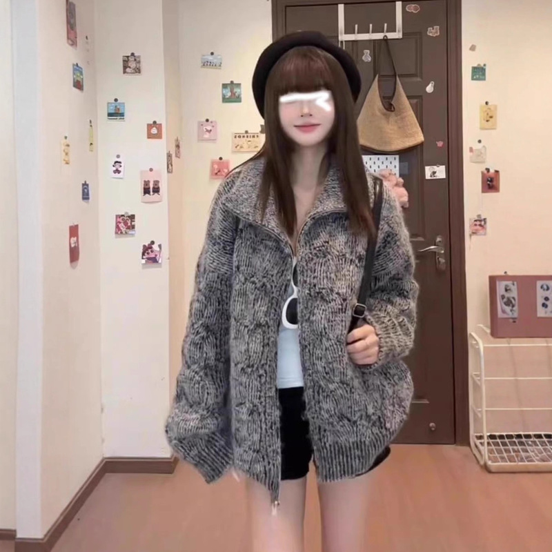 美式慵懒风灰色针织开衫毛衣女秋冬复古潮范宽松立领拉链上衣外套|undefined