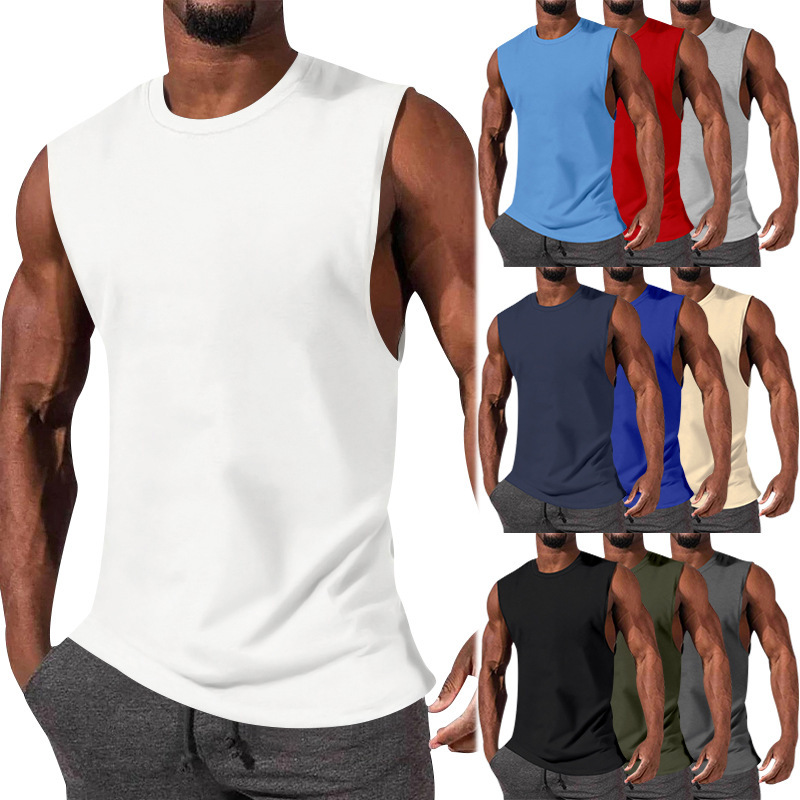 2023 Amazon New Men's T-shirt Foreign Trade Muscle Men Sports Casual Sleeveless Solid Color Men's Top Waistcoat
