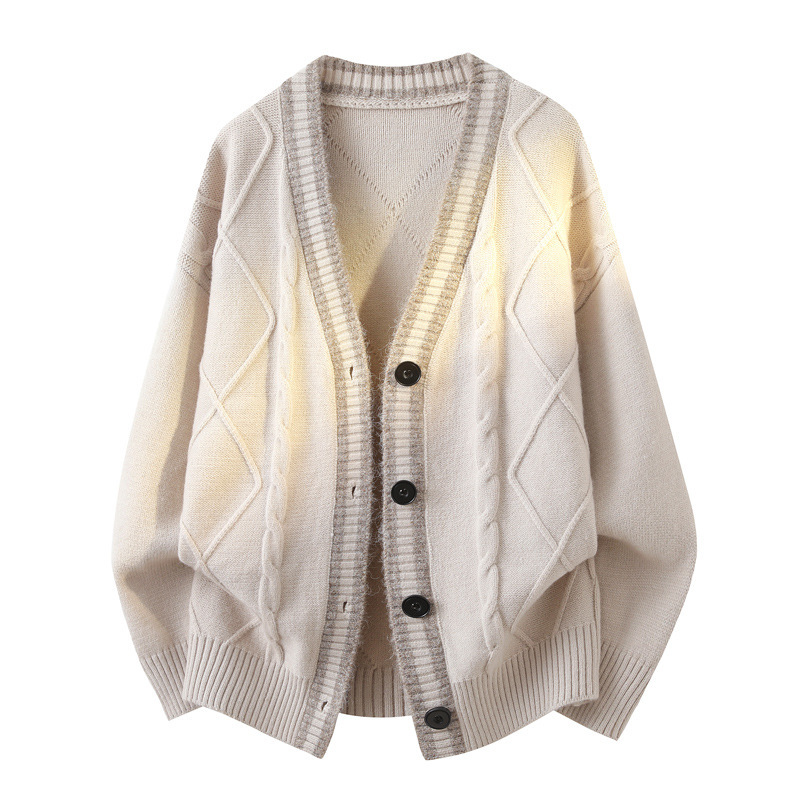 Explosiones transfronterizas de tamaño europeo de tamaño V cuello de color mosaico jersey jersey jersey cardigan hombre chaqueta otoño invierno fábrica al por mayor