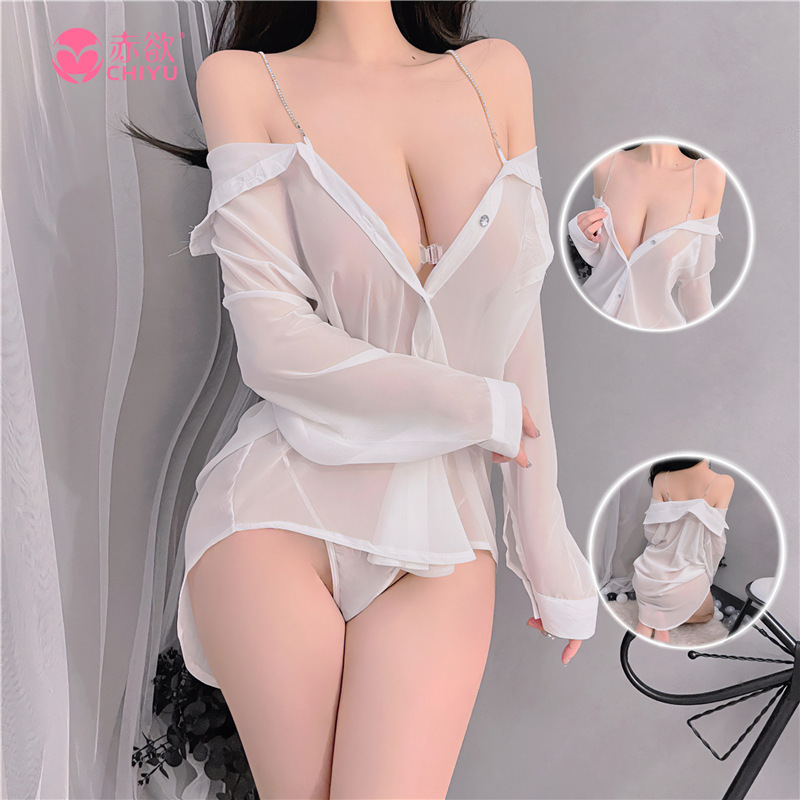 Red Sex Lingerie Women's Large Size Boyfriend Shirt Sexy Perspective Cute Pajamas Wind Sling Internet Celebrity Live Spot