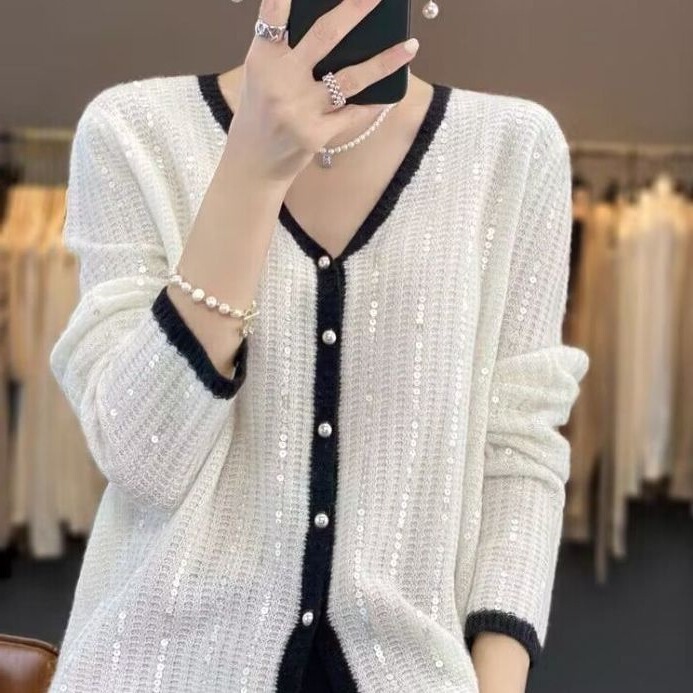 Early autumn new style intricate hollow-out sequin knitted cardigan, solid color loose versatile sweater coat, long-sleeved pearl top