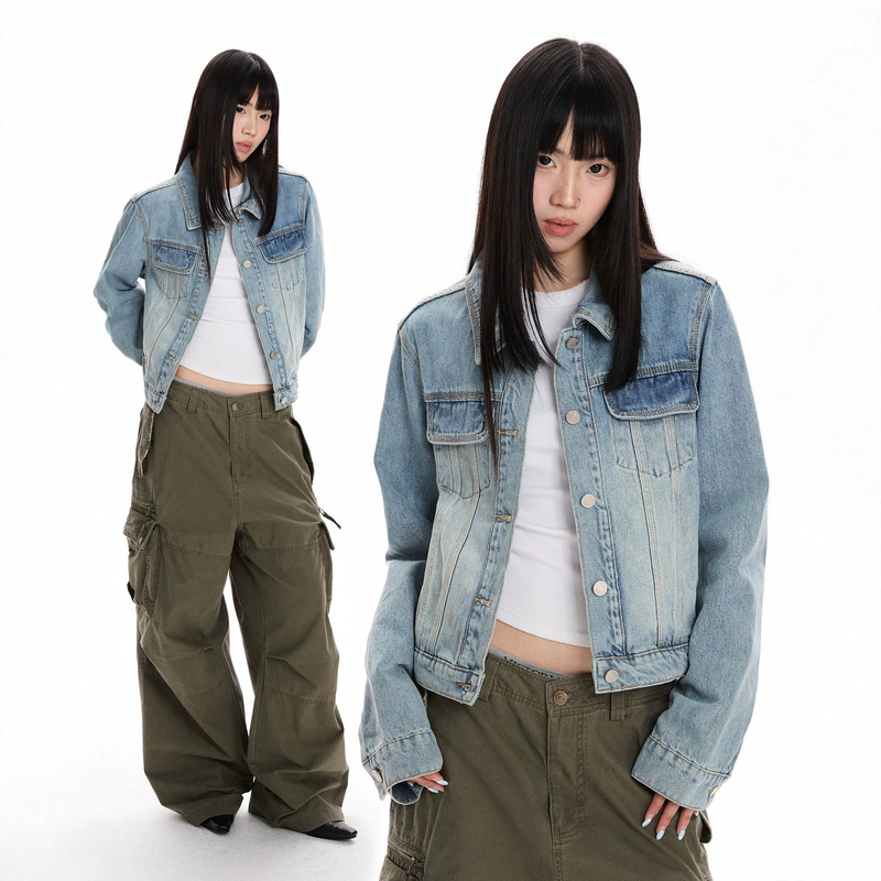 2026 American fashion retro washed distressed denim jacket for men and women, street style loose short pocket jacket 2026 American fashion retro washed distressed denim jacket for men and women, street style loose short pocket jacket