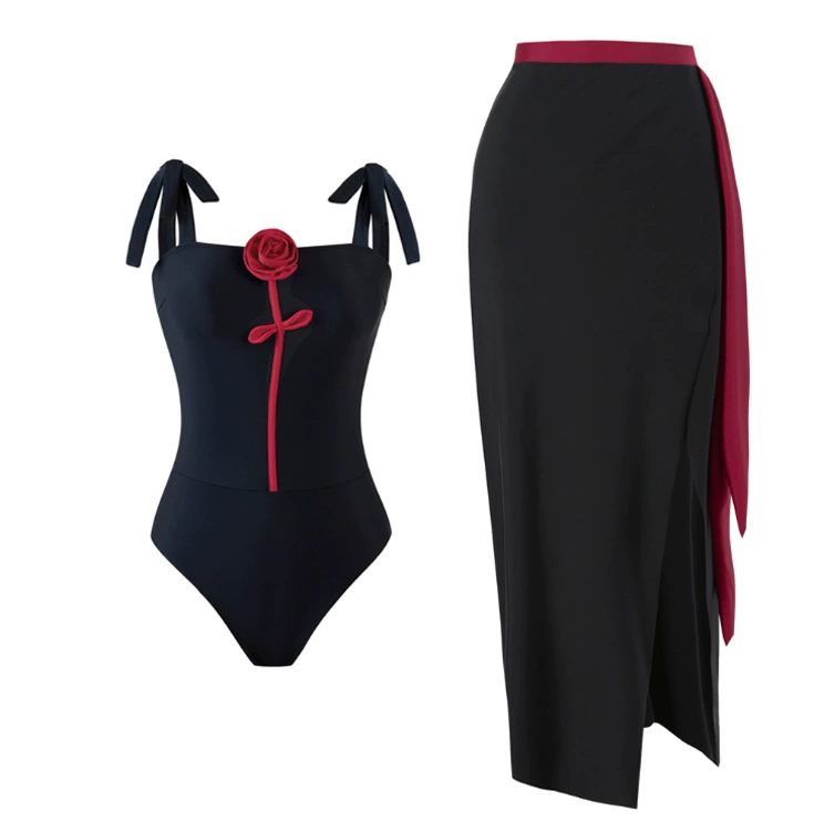 One-Piece Swimsuit (Qiao Jiayuan) 2025 Retro Style with Wrap Skirt, Crane Print, S–XL & One Size