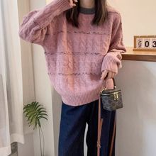 韩版长袖软糯宽松毛衣女秋冬新款套头撞色别致麻花圆领针织打底衫