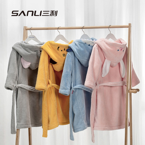 Three Lucky Children's Bath Robe Cartoon Sleepwear with Hood Coral Fleece Homecoming Dress for Boys and Girls