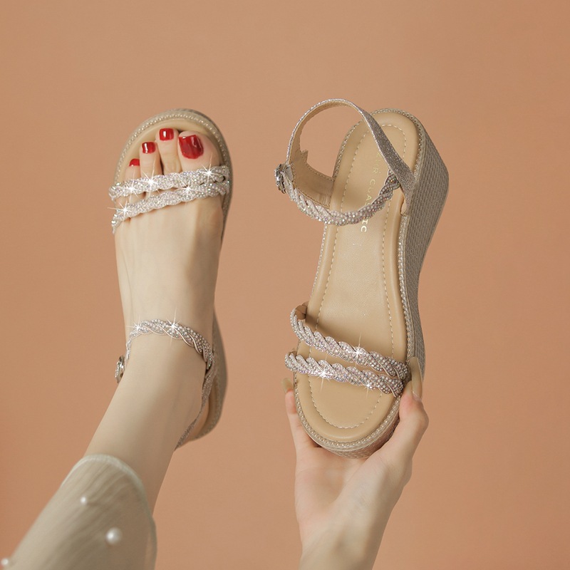 Sandal đế xuồng quai ngang nữ phong cách tiên nữ, gót cao 9 cm — M568 màu sâm panh