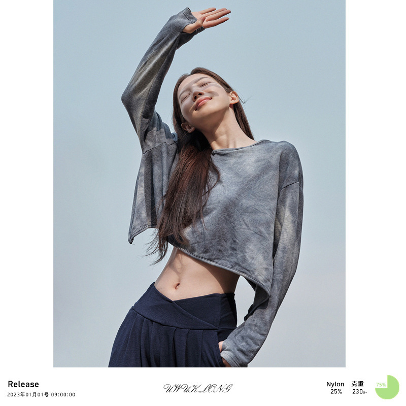 Trendy personalized yoga clothes top cover sweatshirt tie-dyed unique loose running fitness waist-exposed top