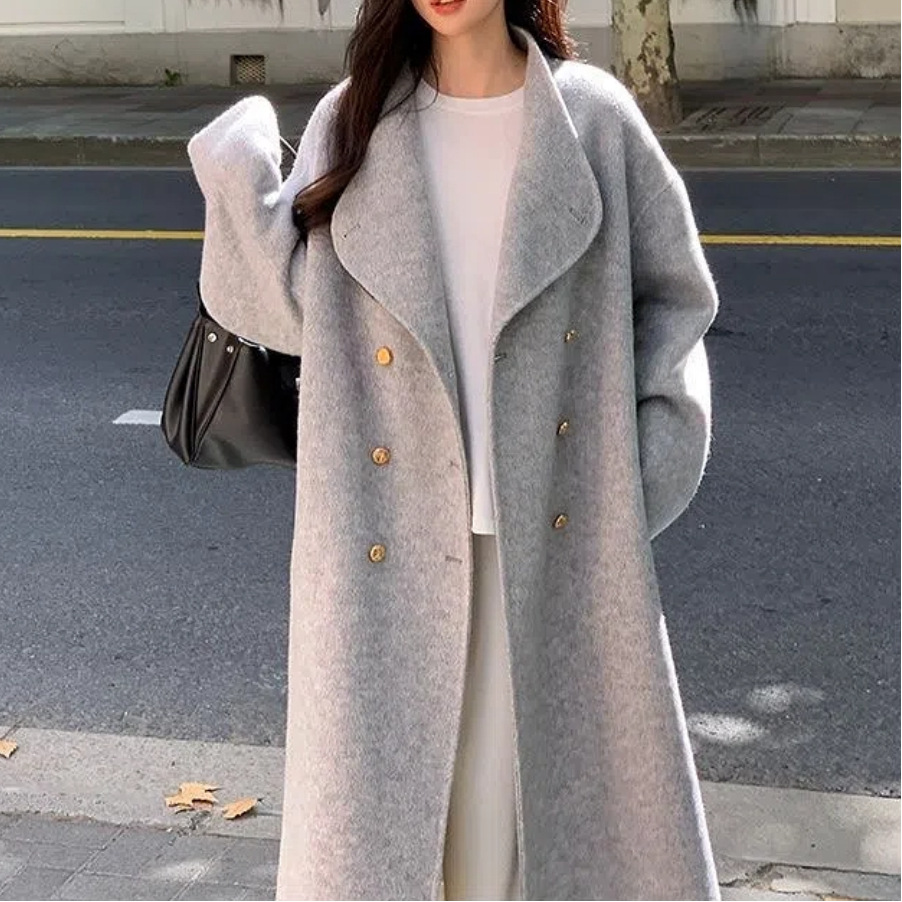 2025 New Autumn and Winter Korean Style Thickeneded Woolen Outwear Women's Elegant Fashionable Knee-Length Slim Woolen Outwear