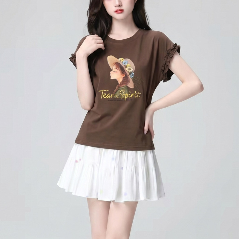 Lace Sleeve Short-Sleeve T-Shirt, Slim Fit, Versatile, with a Girl's Portrait on a Straw Hat, Custom-Made Women's Short-Sleeve Top