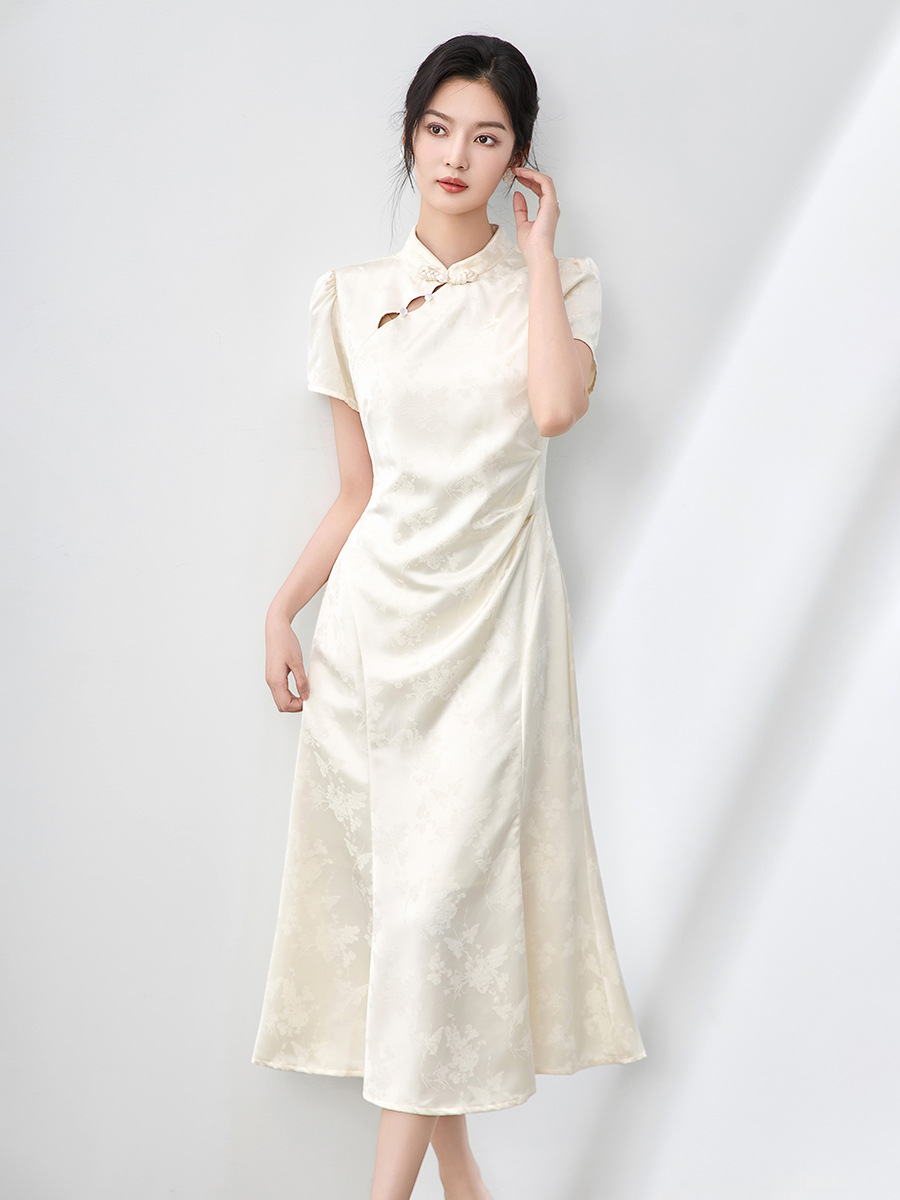 Đầm maxi nữ thắt eo phong cách sườn xám cổ điển, họa tiết phù điêu jacquard phương Đông — Màu xanh lá