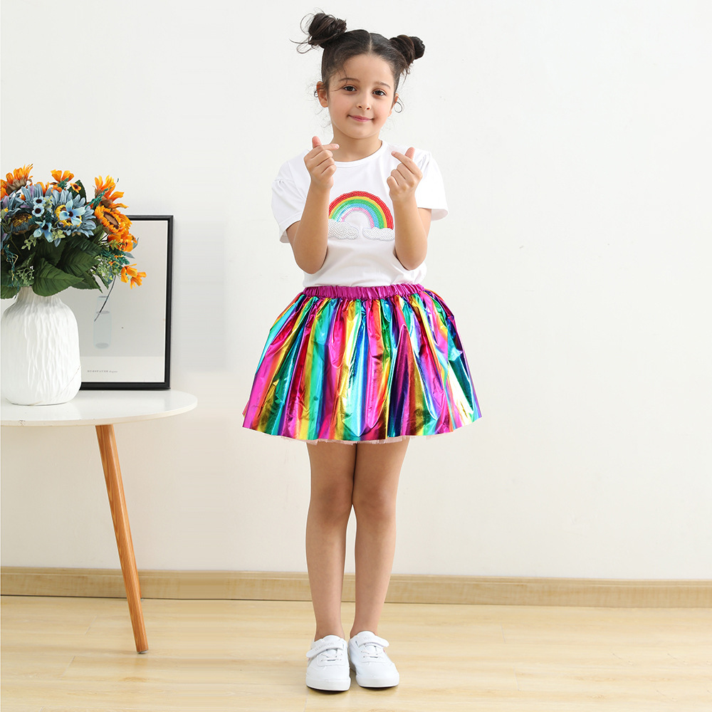 2024 New Gold-Embossed Rainbow Dress for Girls' Party Performances, Half-Length Skirt with Lined Mesh Tutu—European & American Style Children's Wear