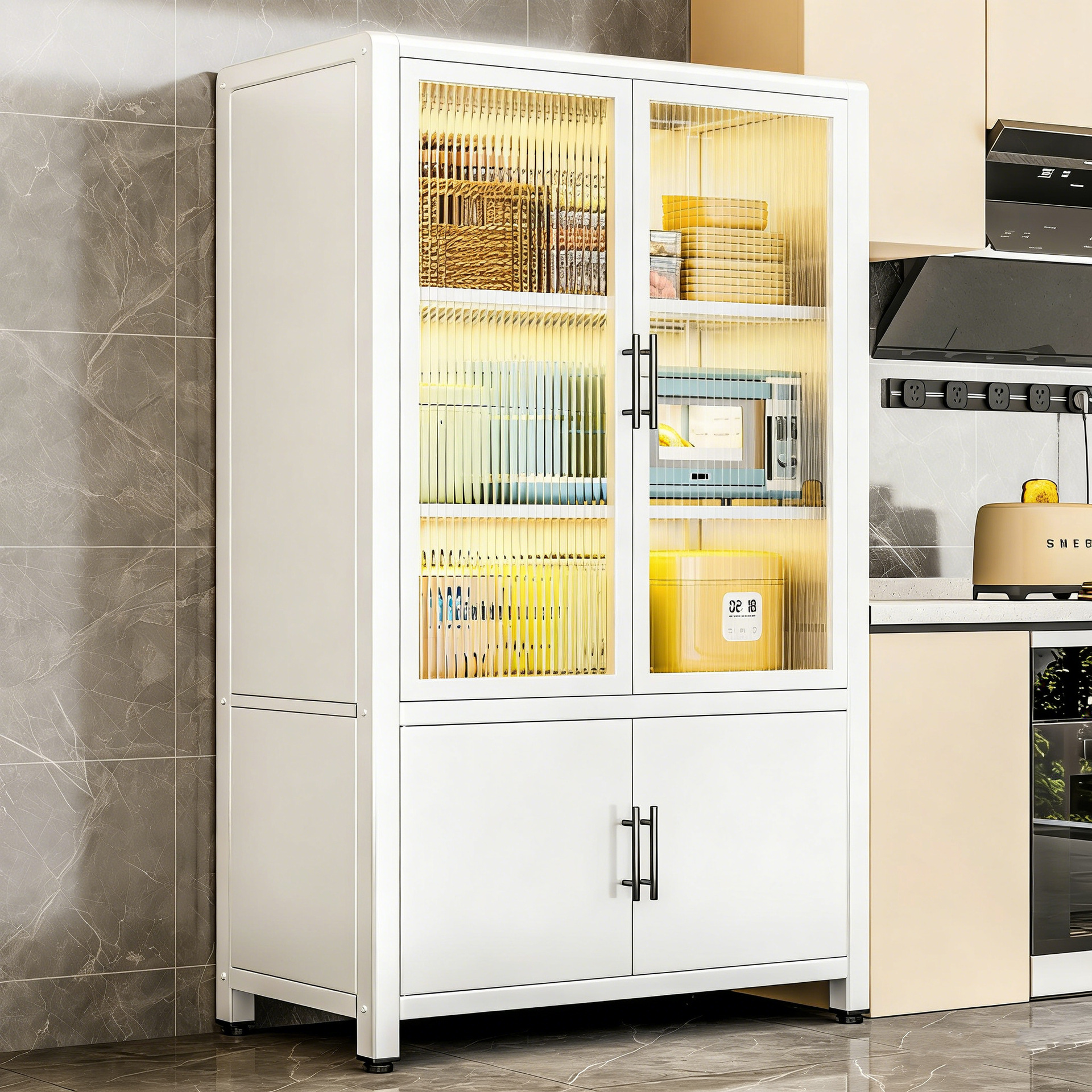 Estante de cocina piso multicapa todo-integrado a prueba de polvo gabinete multifuncional de acero al carbono doméstico armario de almacenamiento de microondas