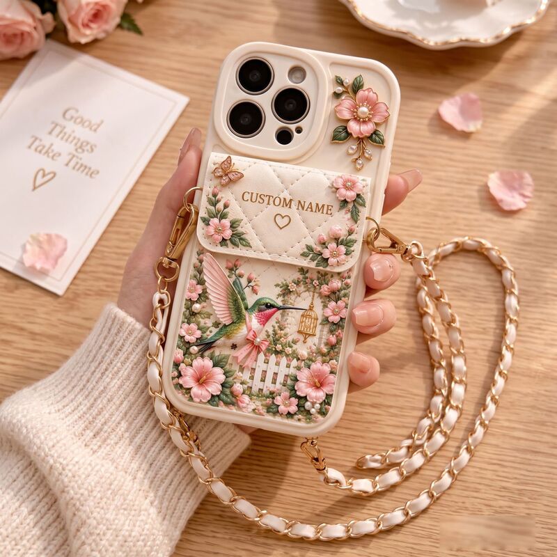 Hummingbird floral magnetic card holder phone case, custom design available, MagSafe compatible, wired charging card holder phone case, POD