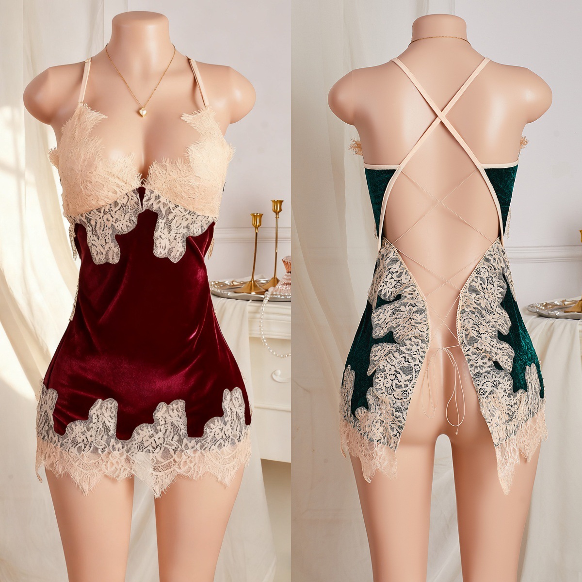 Burgundy Dark Green Velvet Backless Strap Intimates Sexy Pajamas Lace Pure Lust Suspender Nightgown Manufacturer