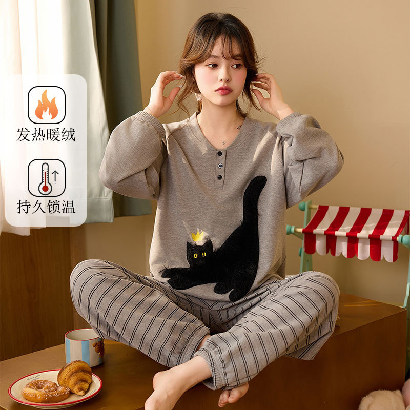Wool Velvet Silk Pajamas for Women in Autumn and Winter Self-Heating Velvet Thickeneded Cartoon Warm Home Clothes Women's Suit