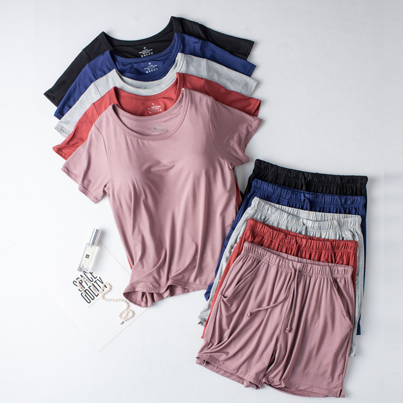 Modal Plus Size Pajamas Women's Summer Two-piece Suit with Chest Pad Short-sleeved bra-t Shorts Half-sleeved Casual Home Clothes Modal Plus Size Pajamas Women's Summer Two-piece Suit with Chest Pad Short-sleeved bra-t Shorts Half-sleeved Casual Home Clothes