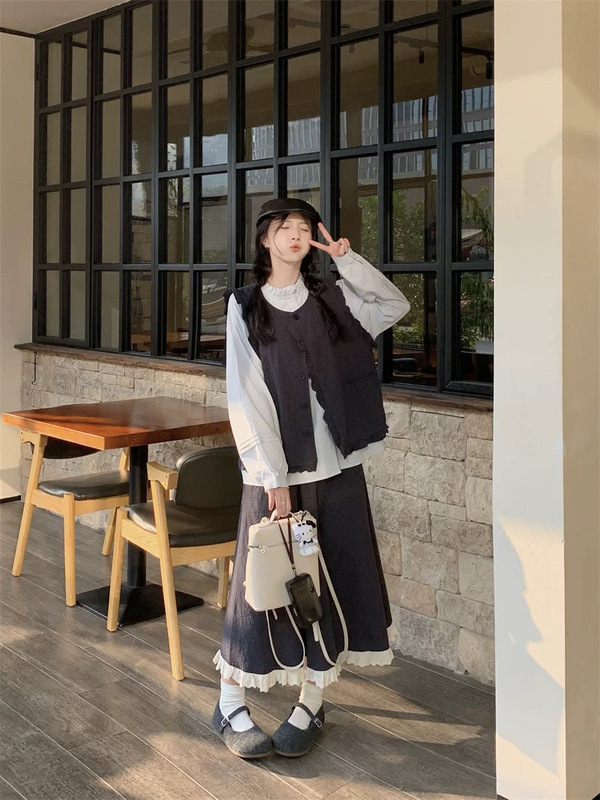 学院风森系复古文艺格子马甲背心外套高腰半身裙衬衣三件套装女秋|undefined