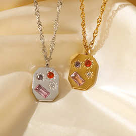 跨境新款彩色几何锆石吊坠不锈钢18k金项链幸运符号电镀真金保色