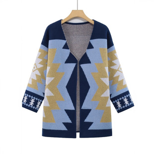 2025 Autumn and Winter Popular Large Size Cross-Border Geometric Pattern Mid-Length Knitted Jacket