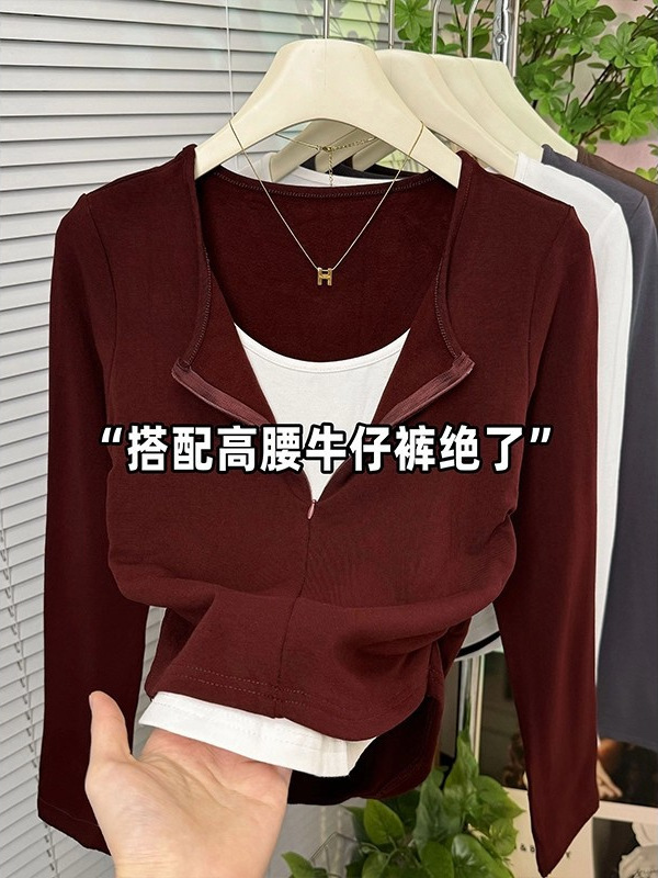 假两件设计感长袖t恤女上衣2025秋冬新款磨毛收腰显瘦内搭打底衫|undefined