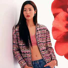 2024早新品秋刘雯同款格子粗花小香风外套女手工编织边短款彩虹色