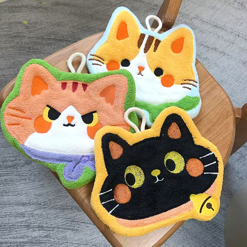 Coral Velvet Cat Hand Towel for Home Kitchen and Bathroom, Absorbent and Lint-Free Hanging Towel for Home Kitchen