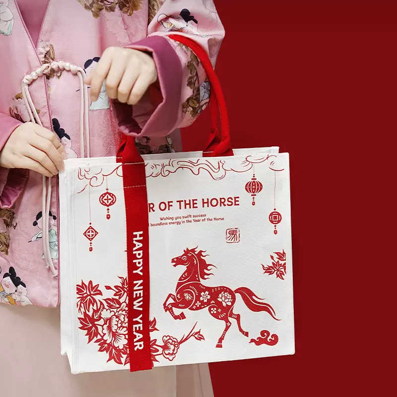 帆布袋定制新年礼品袋2026马年帆布包红色大容量新春伴手礼手提