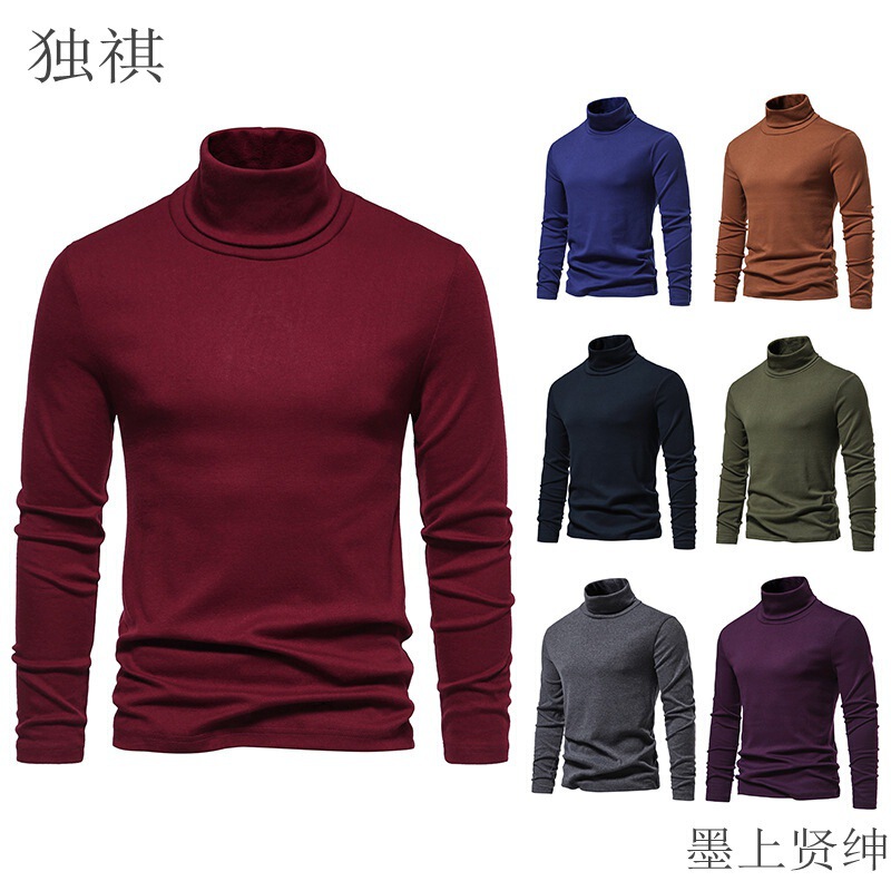 Foreign trade sweater 2023 autumn and winter new men's solid color fleece-lined pullover high collar T-shirt base shirt fleece sweater