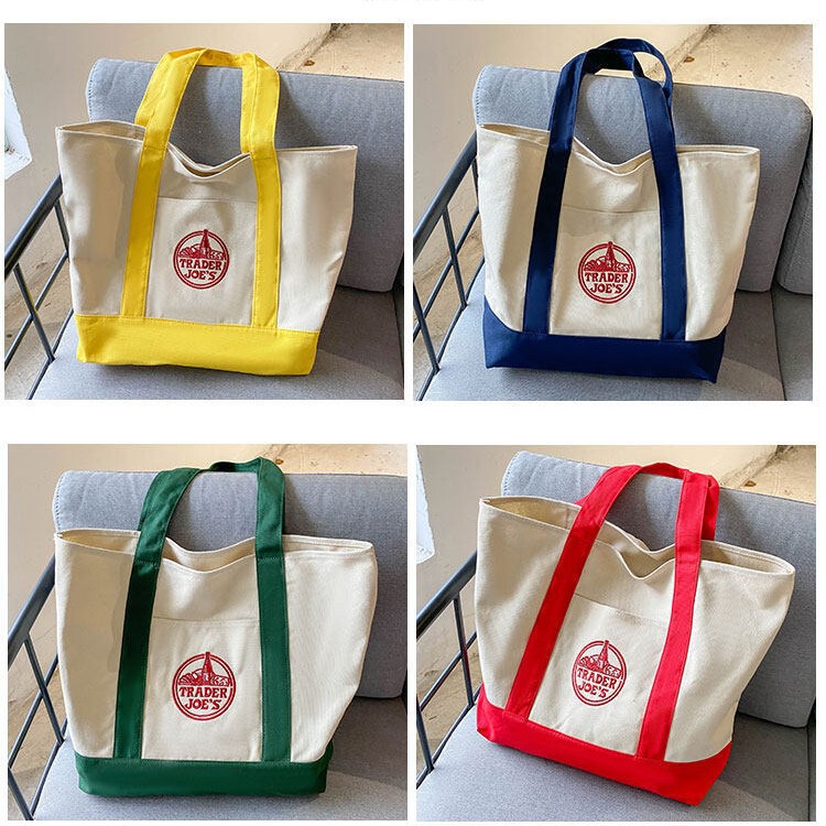 Mismatched color block embroidered shopping bag, canvas tote bag, handbag, shoulder bag, large striped tote bag, minimalist design, suitable for cross-border sales