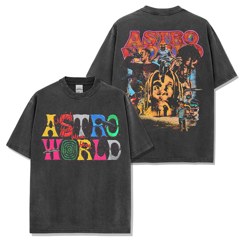 Cross-Border American Scott Travis Scott Printed Short-Sleeved T-Shirt Loose Heavyweight Round Neck Hooded Sweatshirt for Men Cross-Border American Scott Travis Scott Printed Short-Sleeved T-Shirt Loose Heavyweight Round Neck Hooded Sweatshirt for Men