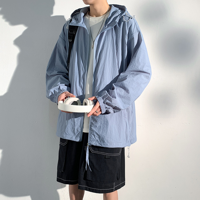 2024 Summer New Ins Hong Kong Style Couple Solid Color Hooded Sun Protection Clothing Men's Loose Lightweight Skin Clothing Men's Cardigan