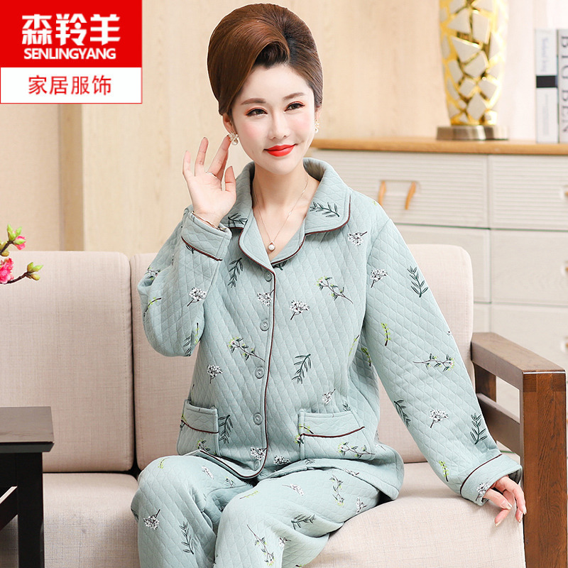 Autumn and Winter sandwich pajamas 100% cotton Women's thickened thin quilted extra large air cotton home wear middle-aged and elderly Autumn and Winter sandwich pajamas 100% cotton Women's thickened thin quilted extra large air cotton home wear middle-aged and elderly